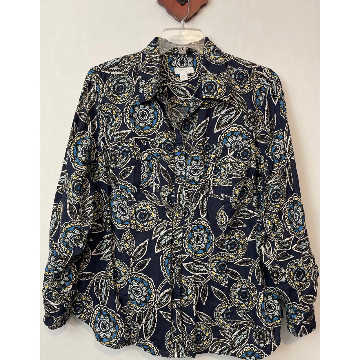 Charter Club Womens 20w Blue Paisley-Print Button-Up 100% Linen Blouse! M1376